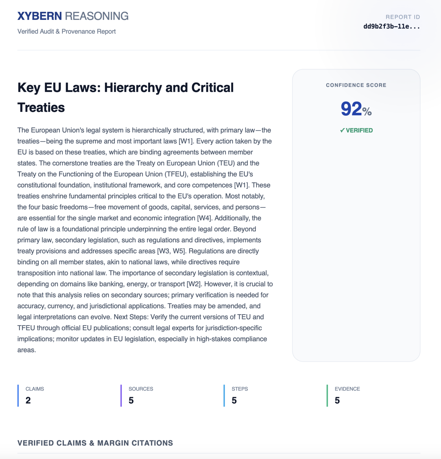 Verified Audit PDF sample with margin citations and cryptographic hash signatures