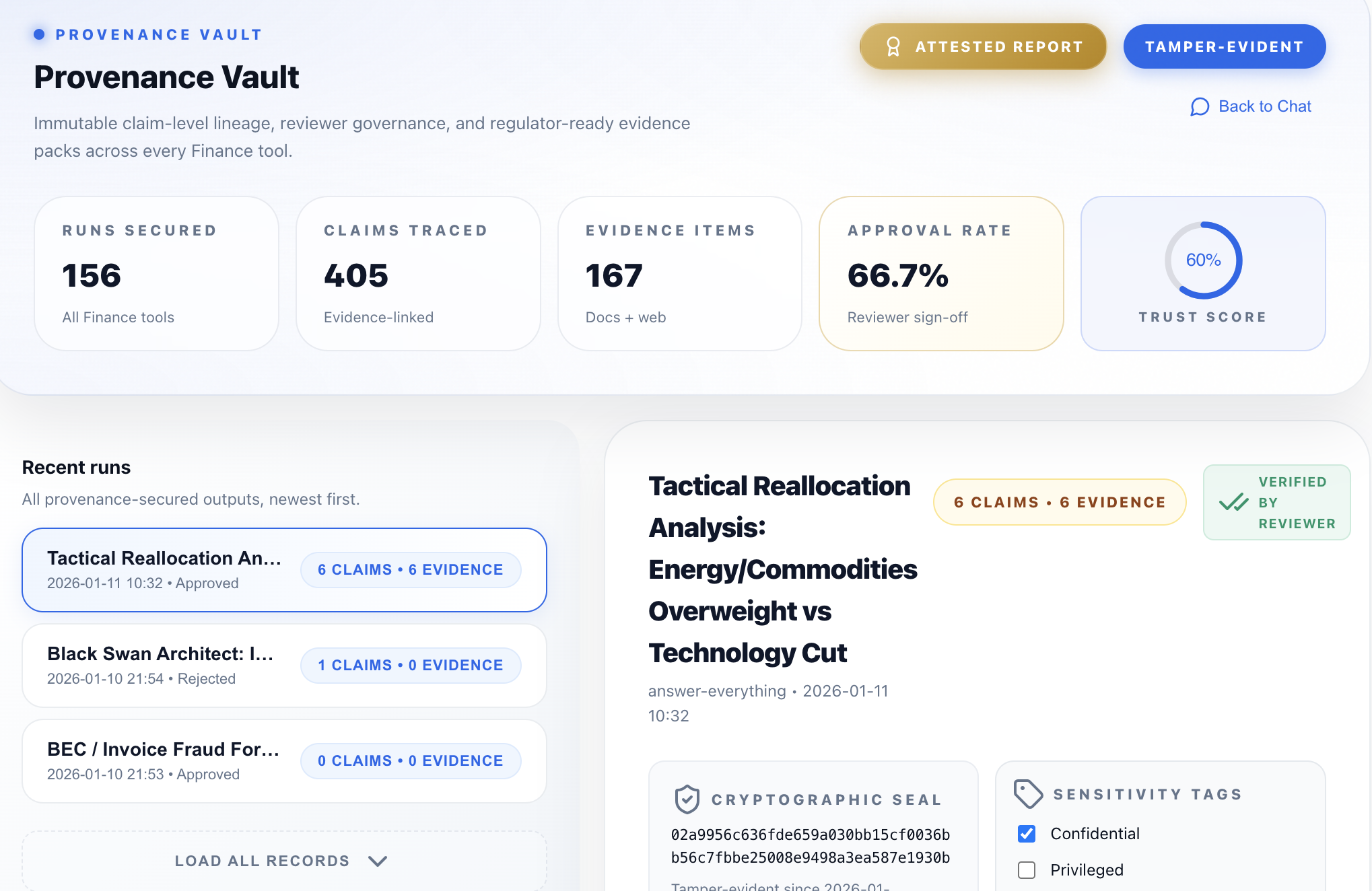 Report Interface with inline citations and attestation badges