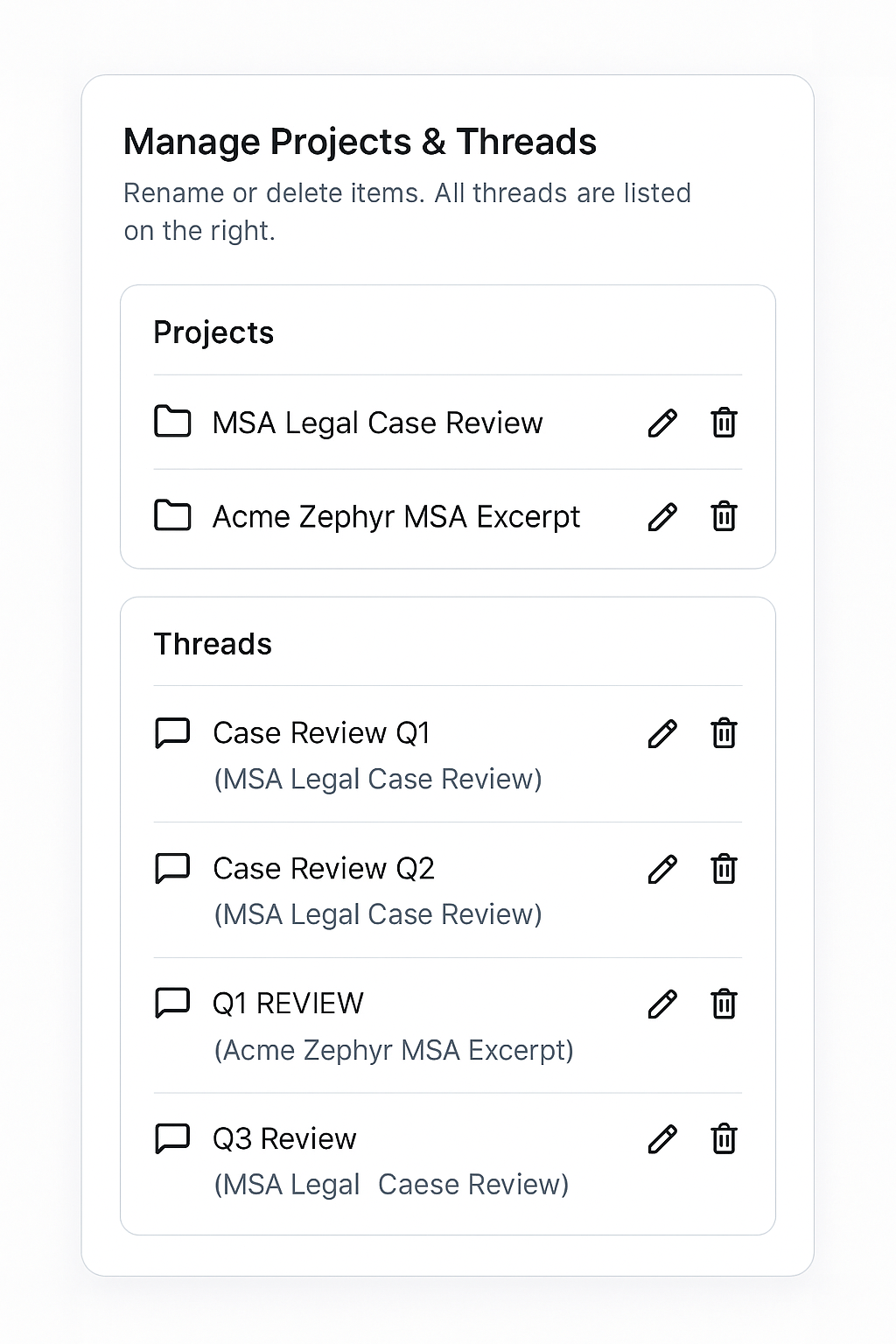 View projects and LLM reasoning threads together